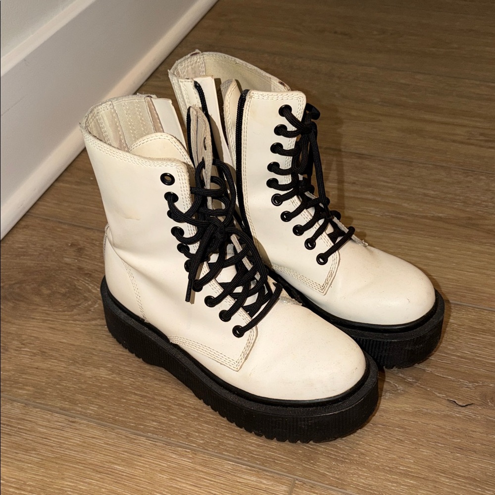 Jeffrey Campbell White Platform Lace-Up Combat Boots with Black Laces